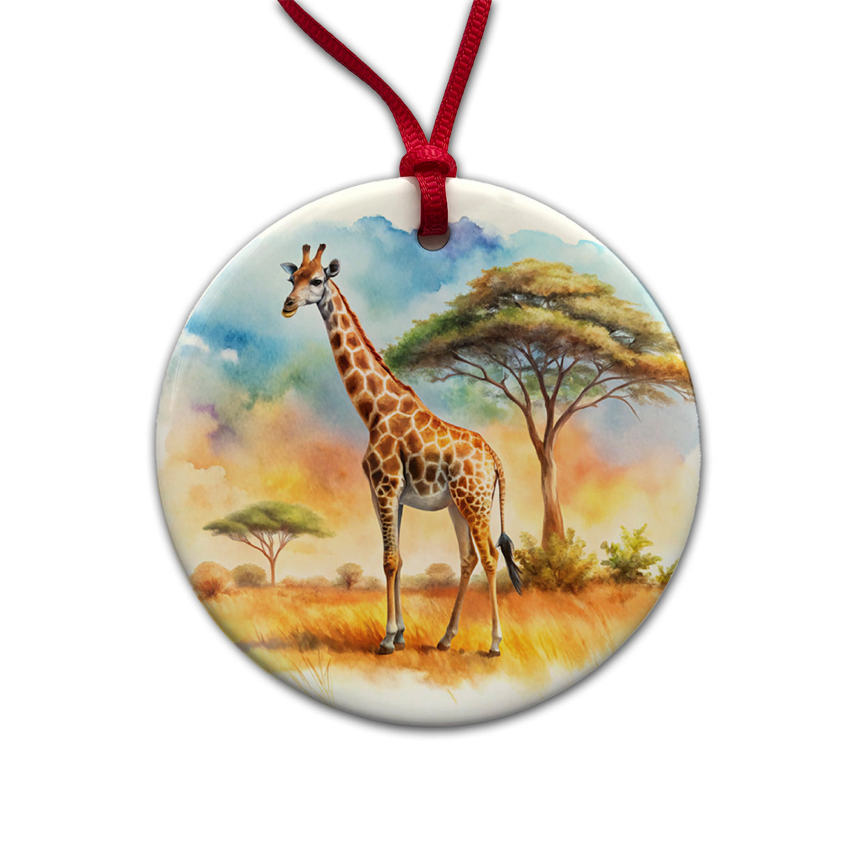 Giraffe African Plain Watercolor Design Round Ceramic Holiday Christmas Tree Ornament