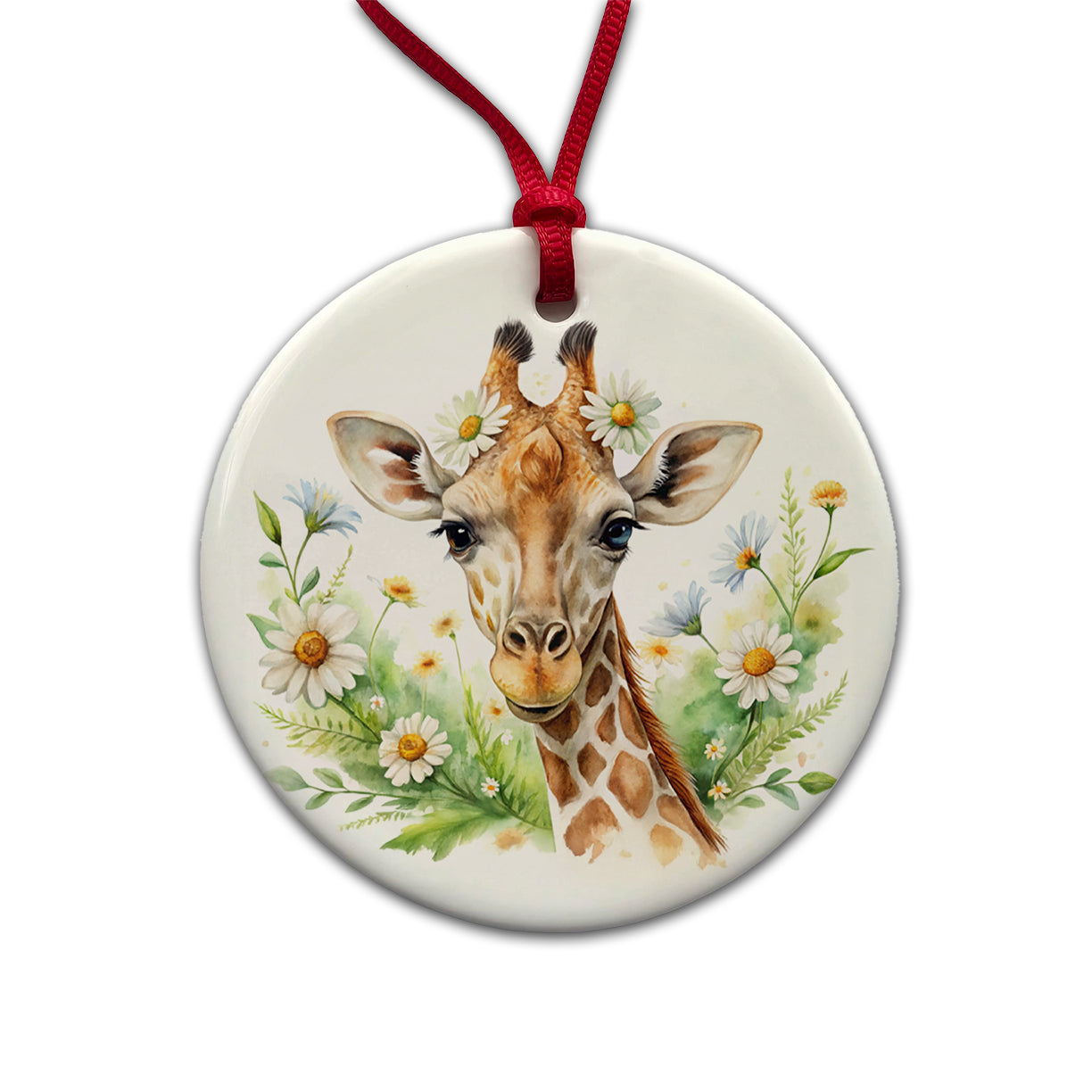 Giraffe Watercolor Design With Daisies Round Ceramic Holiday Christmas Tree Ornament