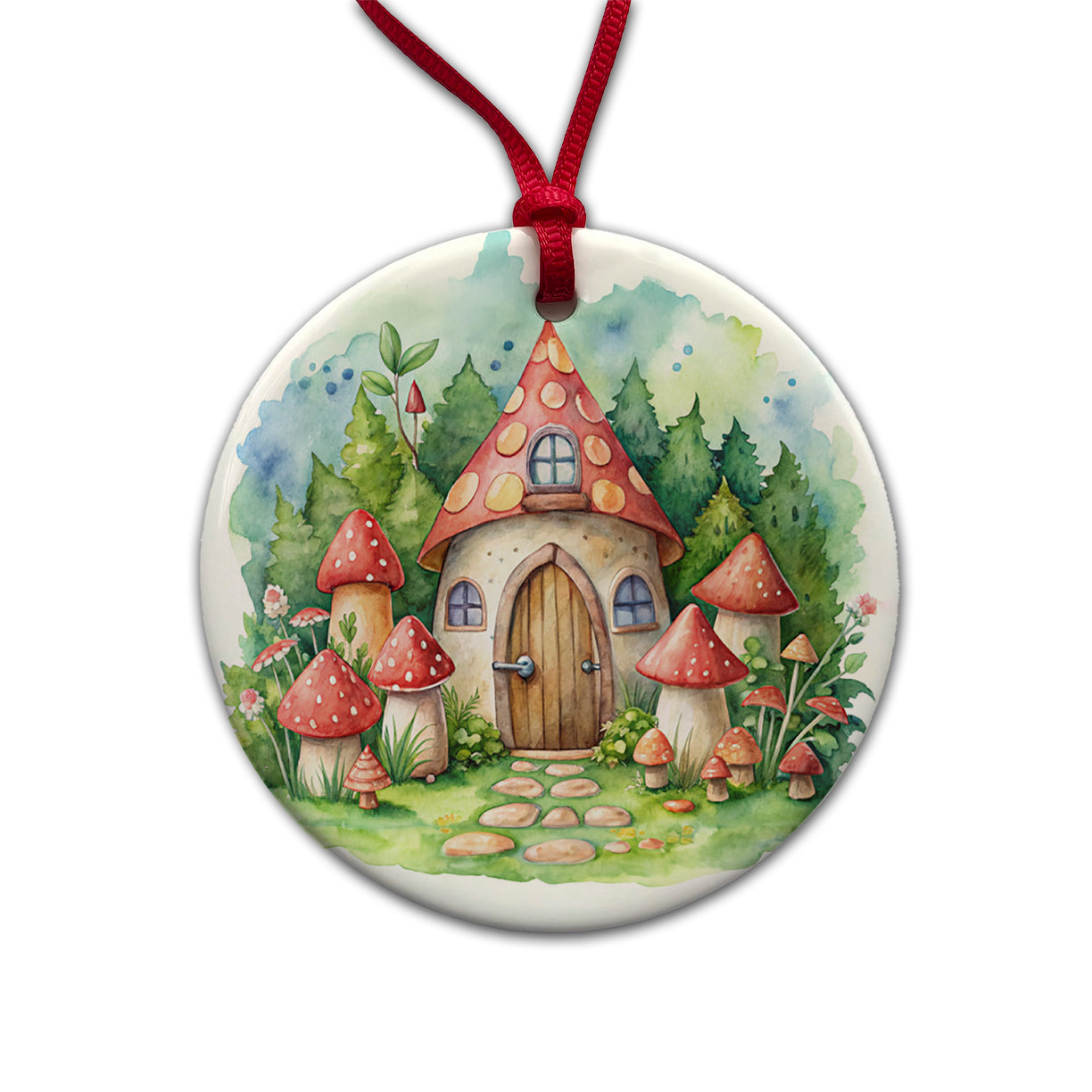 Gnome House Red Roof Watercolor Cute Round Ceramic Holiday Christmas Tree Ornament