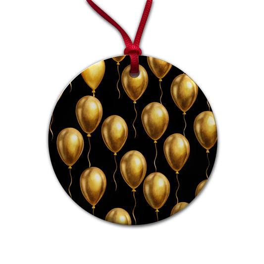 Gold Balloons Black Background Birthday Anniversary Round Ceramic Holiday Christmas Tree Ornament
