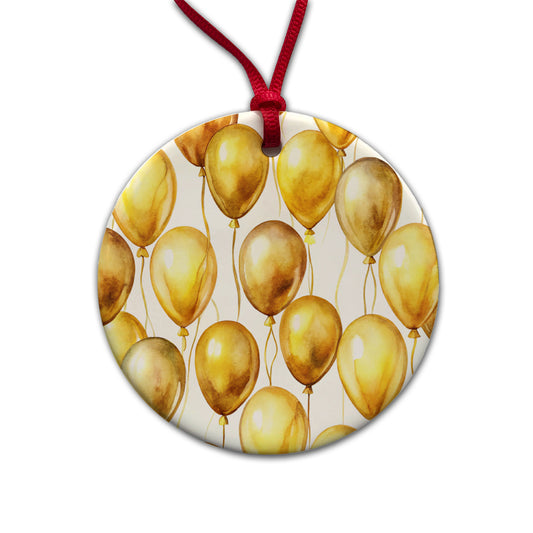 Gold Balloons Watercolor Birthday Anniversary Round Ceramic Holiday Christmas Tree Ornament