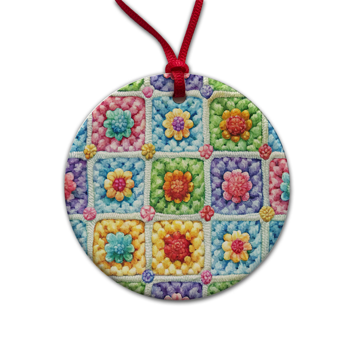 Granny Square Crochet Crocheting Pattern Watercolor Round Ceramic Holiday Christmas Tree Ornament