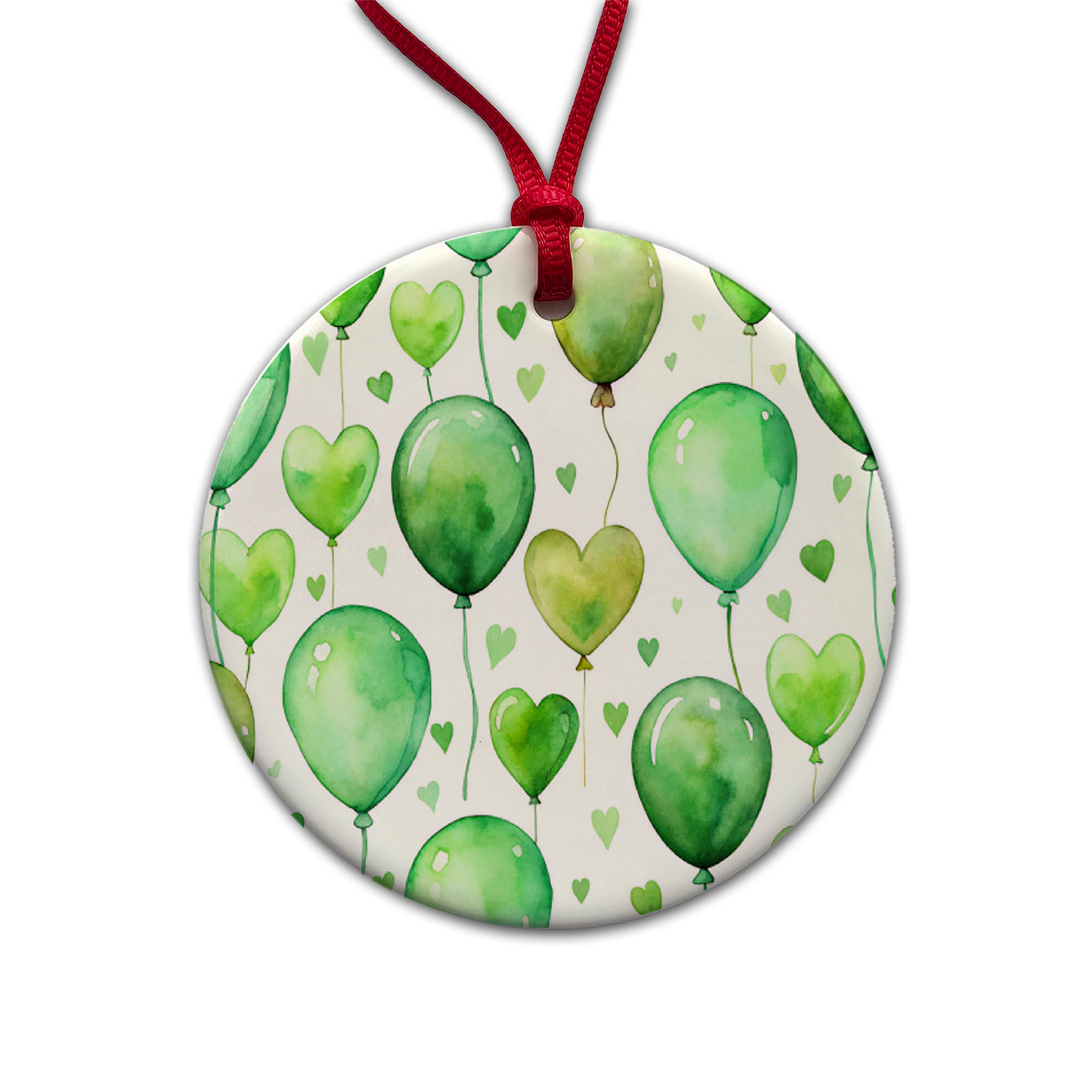 Green Balloons Hearts Watercolor Birthday Round Ceramic Holiday Christmas Tree Ornament