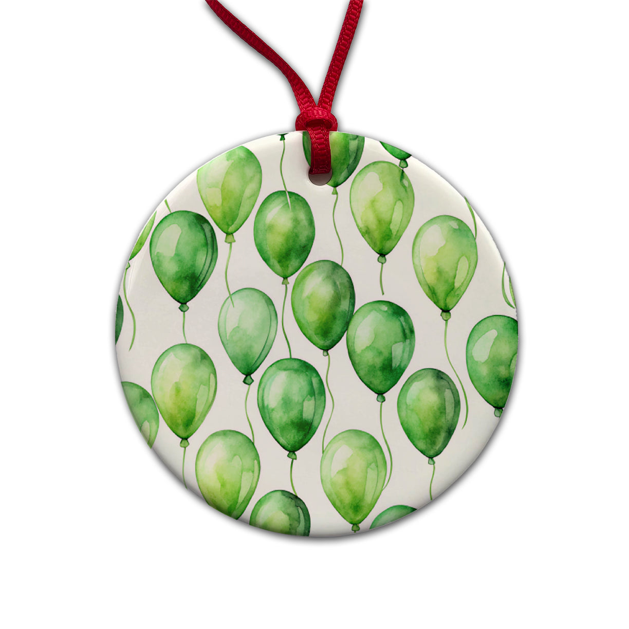 Green Balloons Watercolor Birthday Round Ceramic Holiday Christmas Tree Ornament