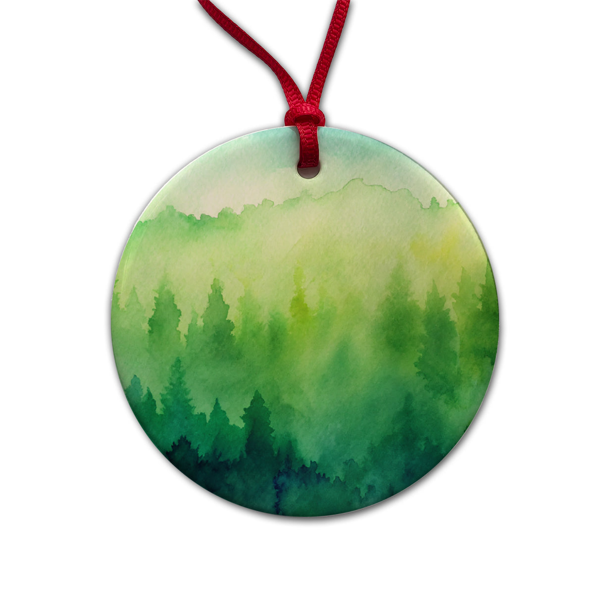 Green Forest Ombre Watercolor Round Ceramic Holiday Christmas Tree Ornament