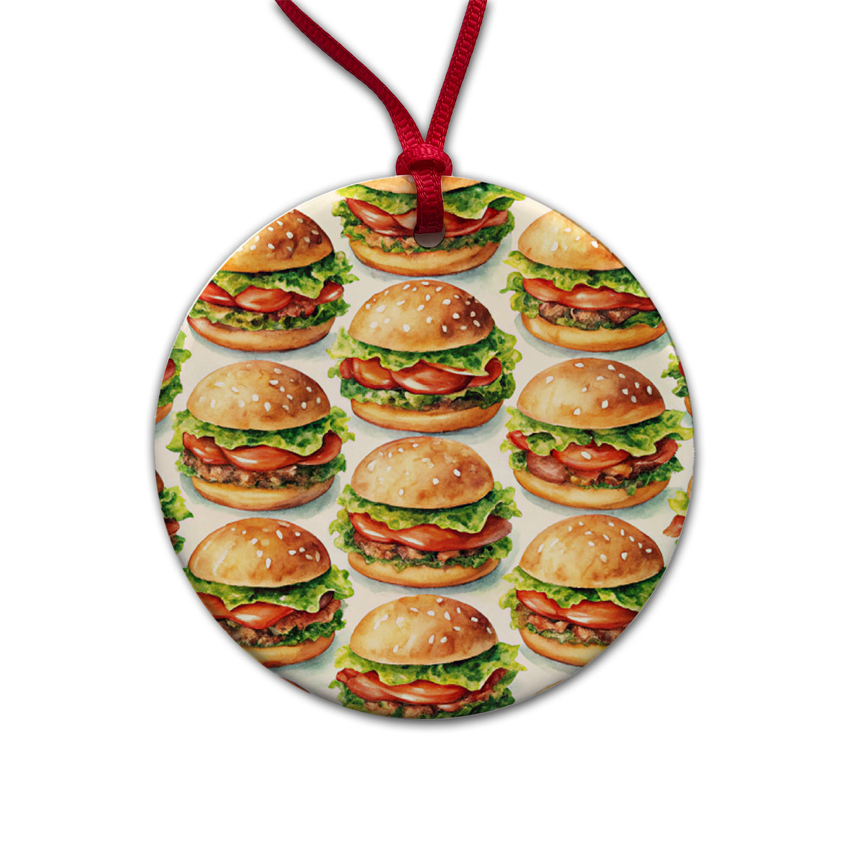 Hamburgers Watercolor Round Ceramic Holiday Christmas Tree Ornament