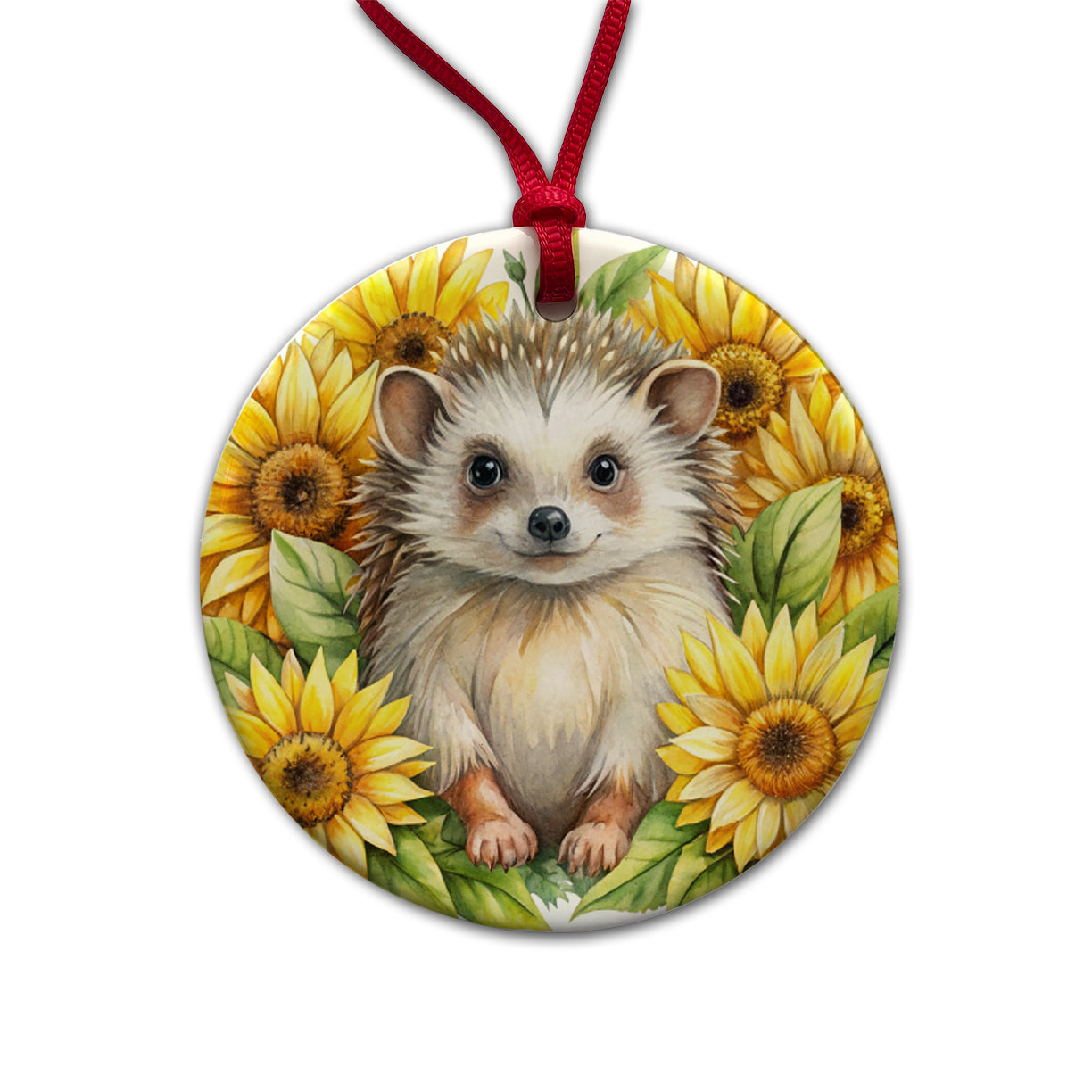 Hedgehog Watercolor Design With Sunflowers Round Ceramic Holiday Christmas Tree Ornament