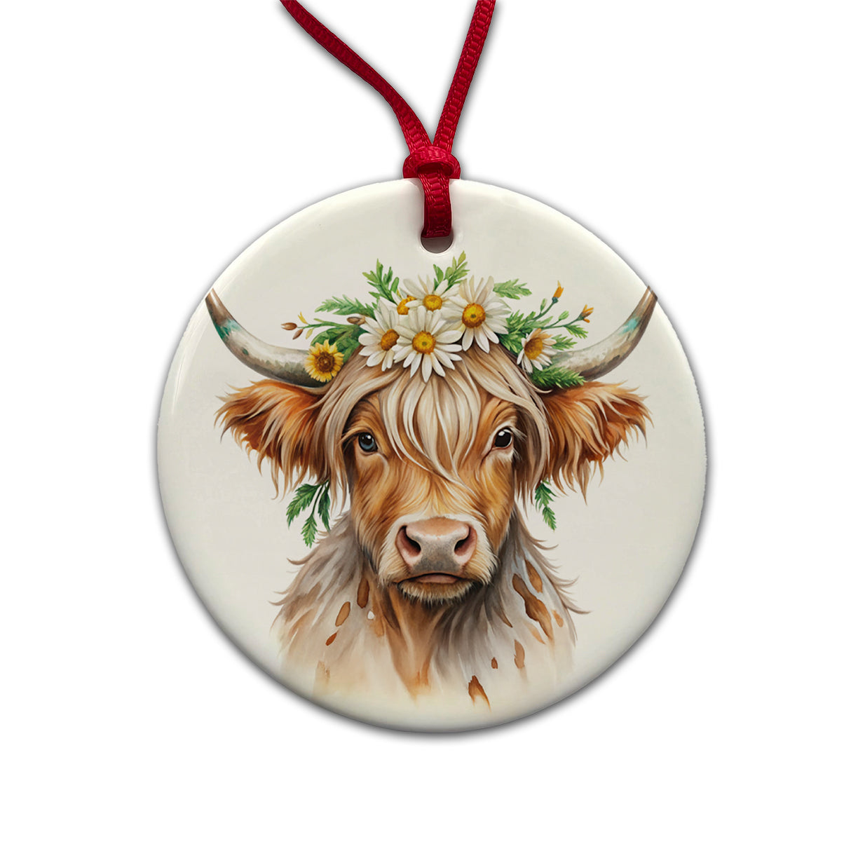 Highland Cow Watercolor Design With Daisies Round Ceramic Holiday Christmas Tree Ornament