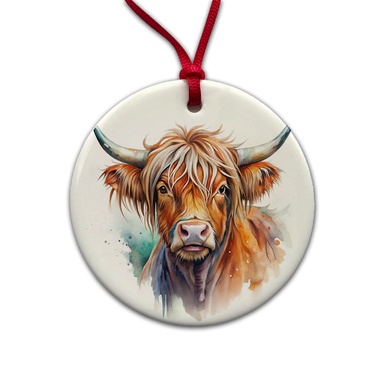 Highland Cow Watercolor Design Round Ceramic Holiday Christmas Tree Ornament