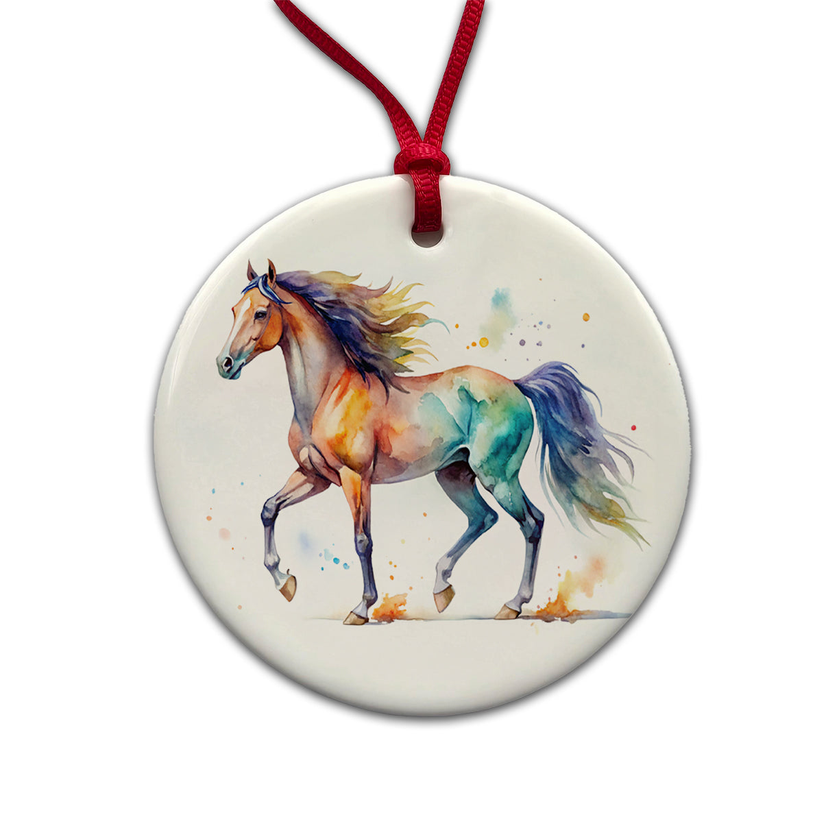 Horse Watercolor Design Round Ceramic Holiday Christmas Tree Ornament