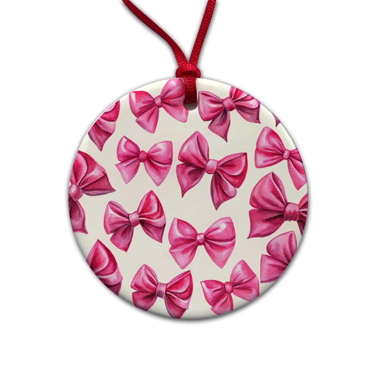 Hot Pink Scattered Coquette Bows Watercolor Round Ceramic Holiday Christmas Tree Ornament