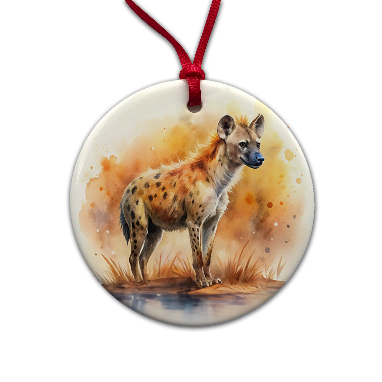Hyena African Plain Watercolor Design Round Ceramic Holiday Christmas Tree Ornament