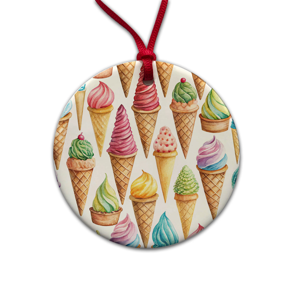 Ice Cream Cones Colorful Round Ceramic Holiday Christmas Tree Ornament