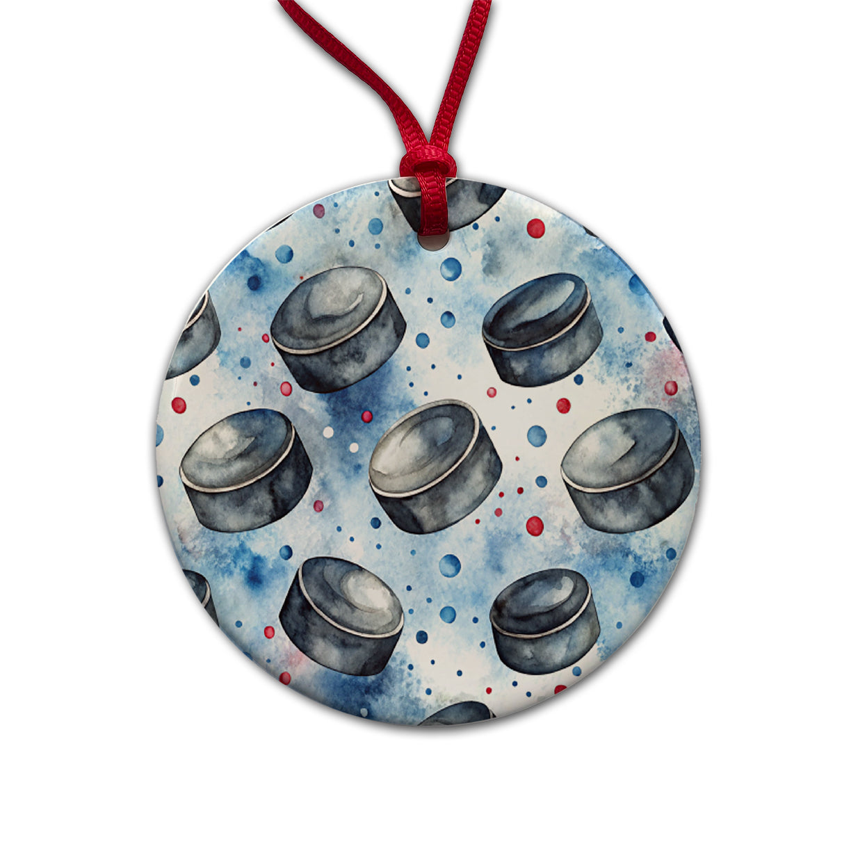 Ice Hockey Pucks Watercolor Round Ceramic Holiday Christmas Tree Ornament