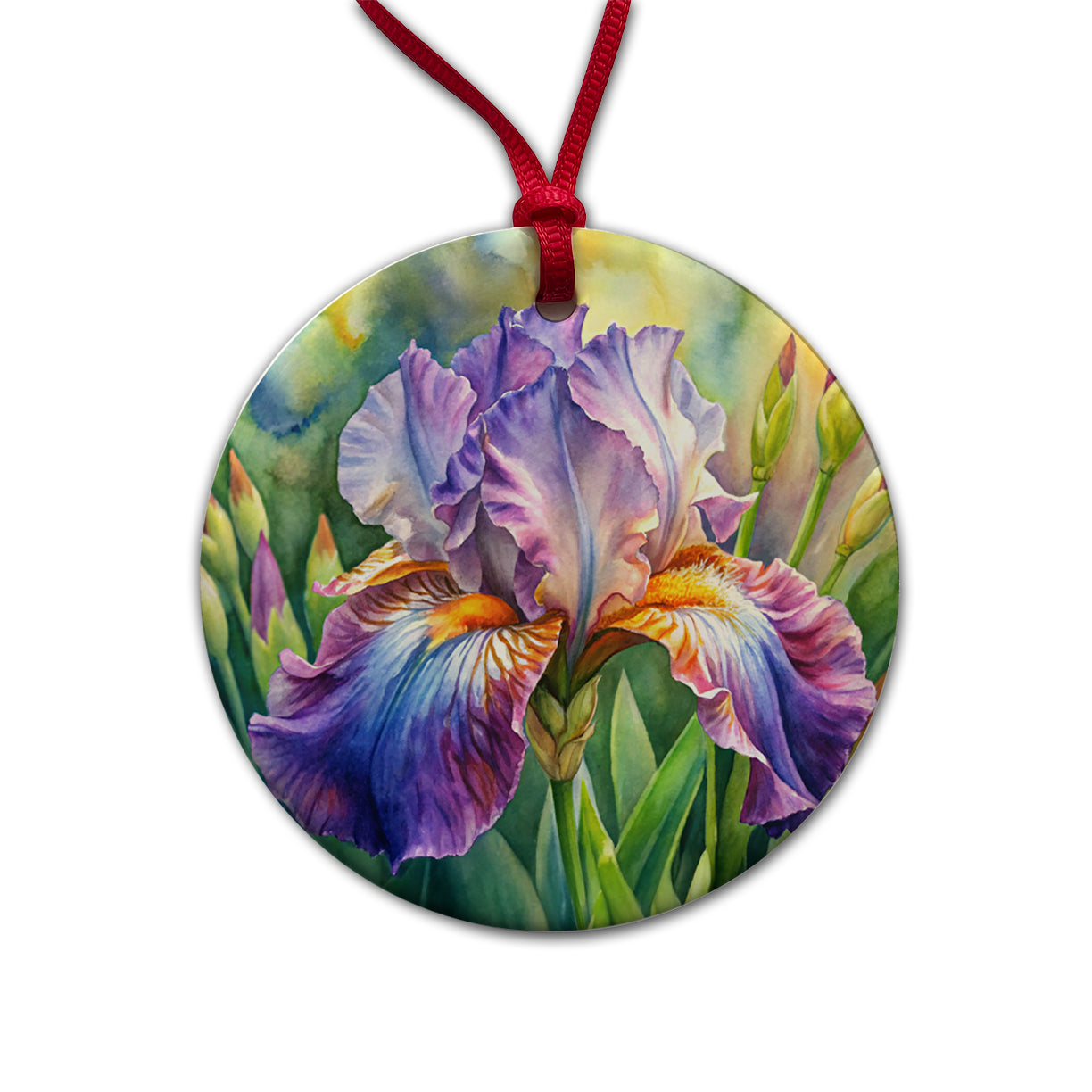 Iris Purple Flowers Watercolor Round Ceramic Holiday Christmas Tree Ornament