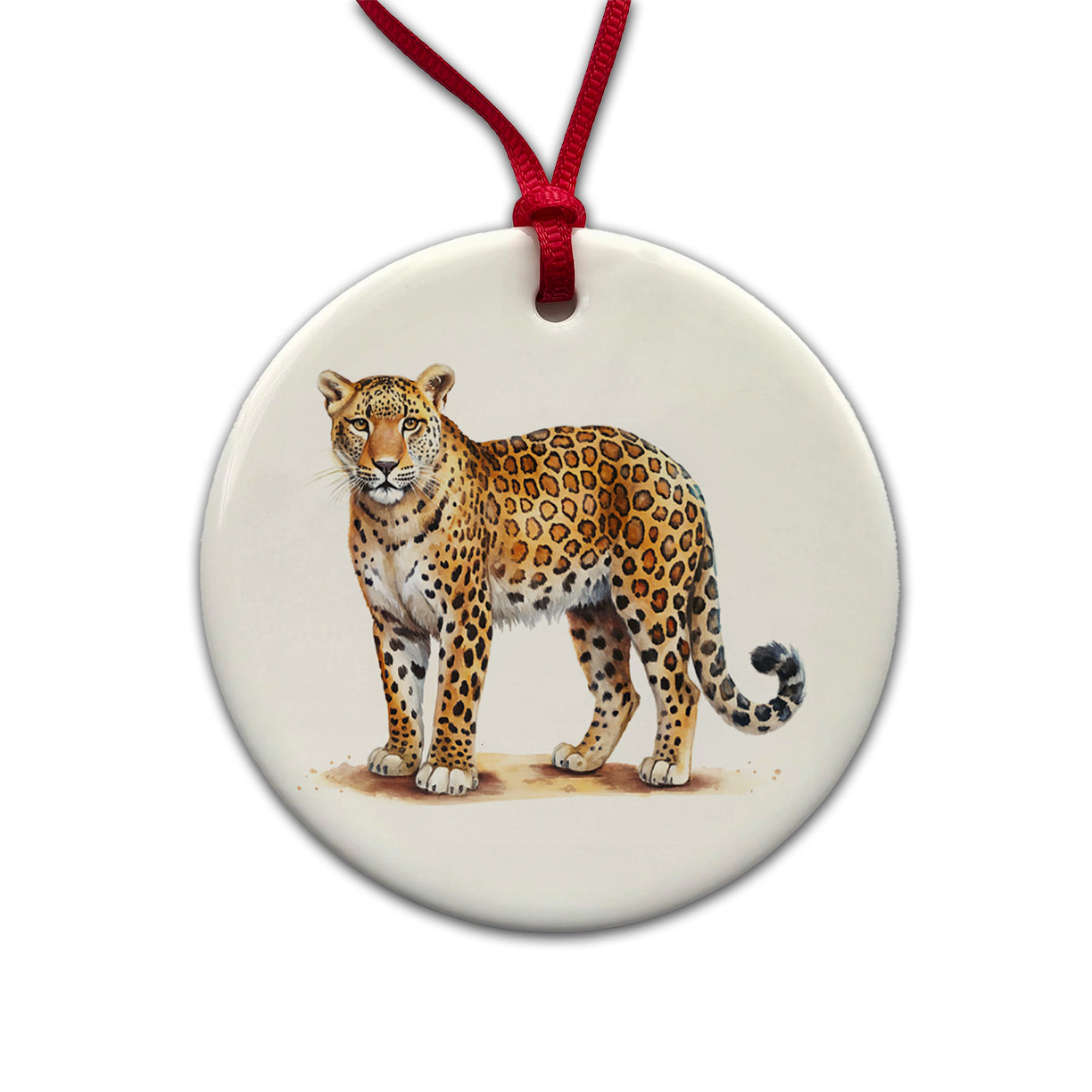 Leopard Print Watercolor Round Ceramic Holiday Christmas Tree Ornament