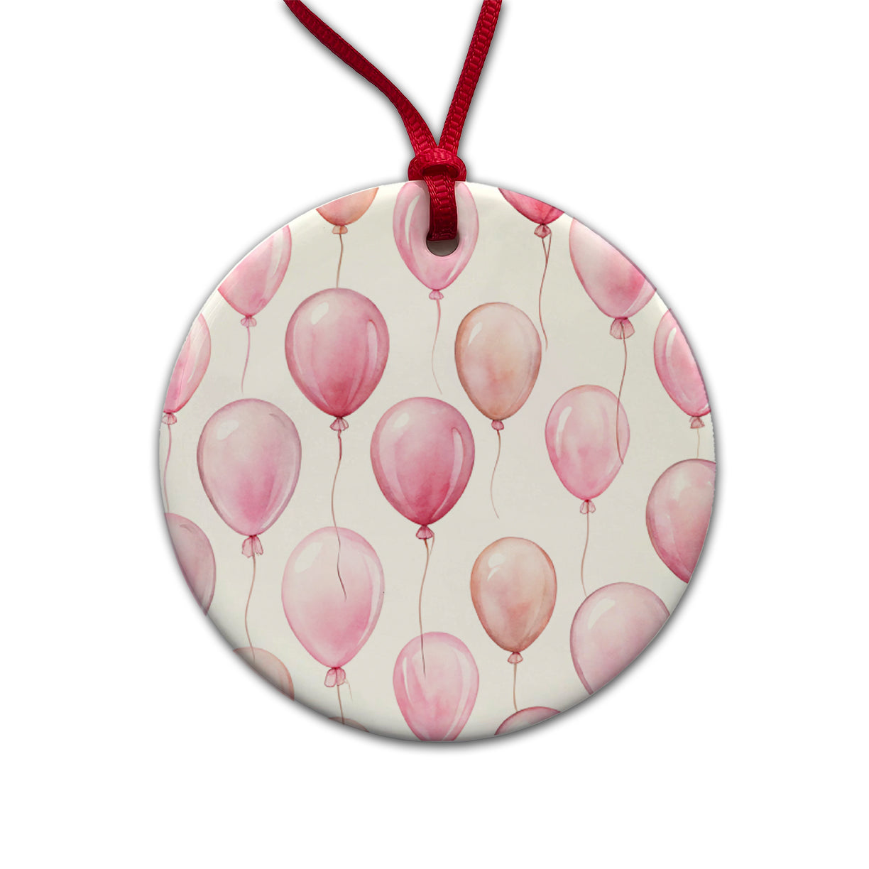 Light Pink Balloons Watercolor Birthday Round Ceramic Holiday Christmas Tree Ornament