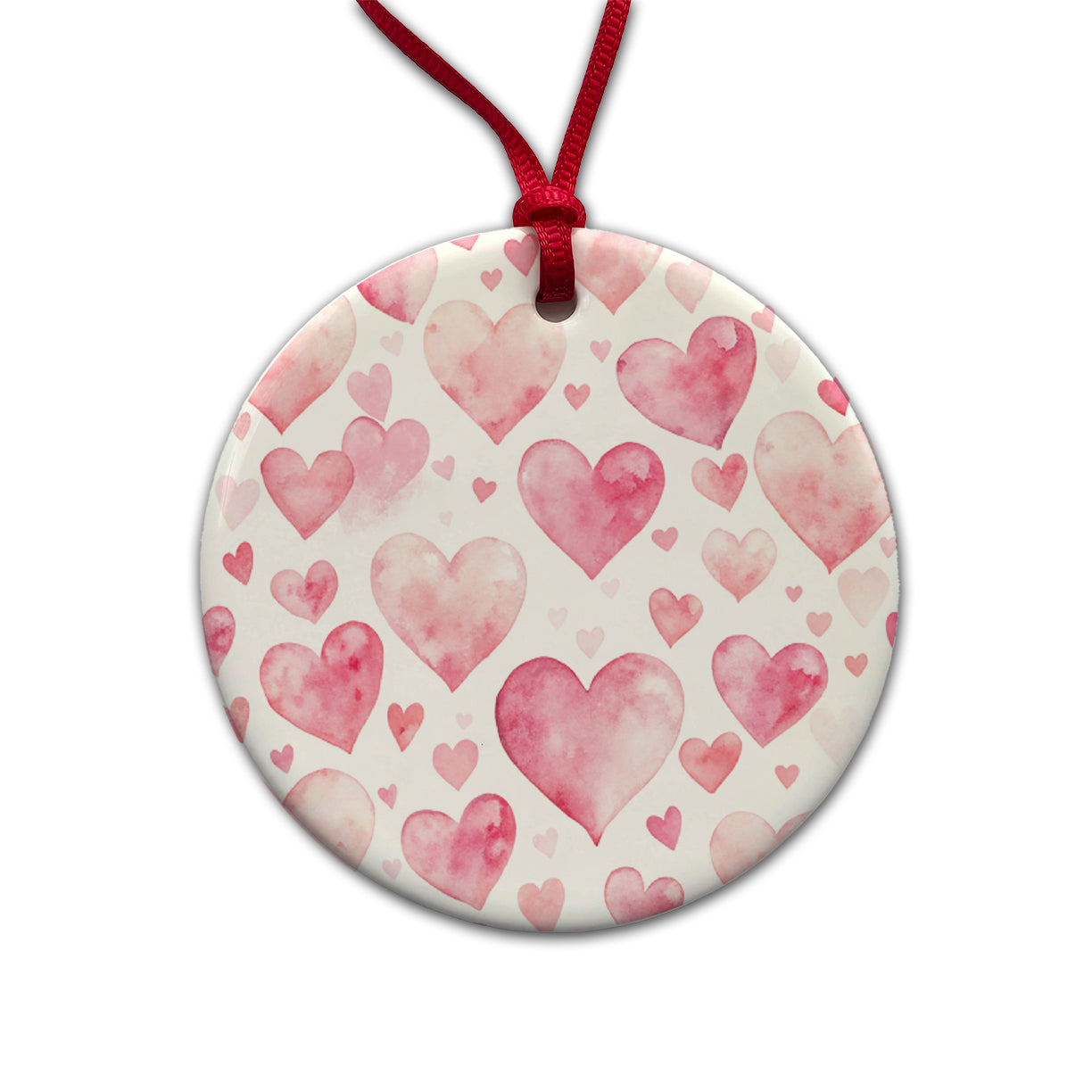 Light Pink Scattered Hearts Watercolor Round Ceramic Holiday Christmas Tree Ornament