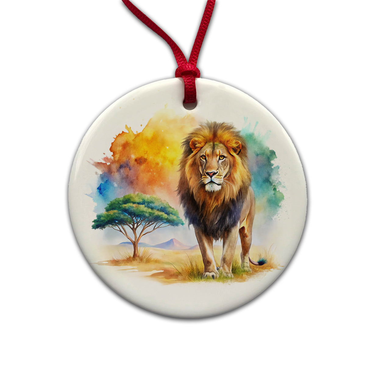 Lion African Plain Beautiful Watercolor Round Ceramic Holiday Christmas Tree Ornament