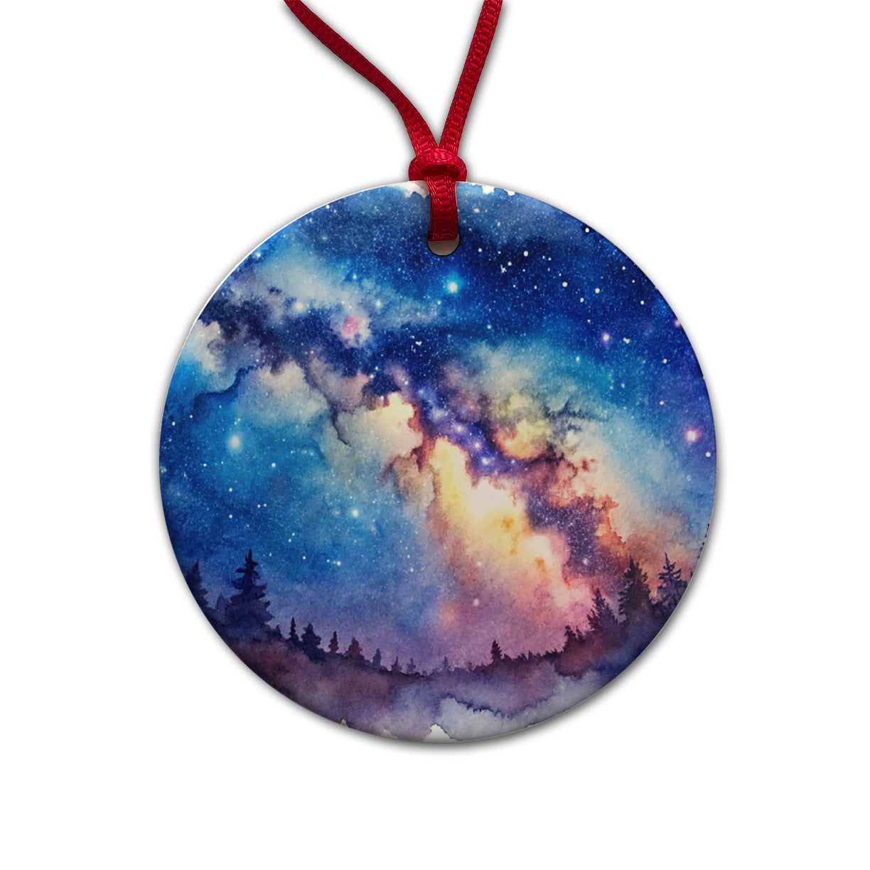 Milky Way Space Watercolor Design Stars Beautiful Round Ceramic Holiday Christmas Tree Ornament