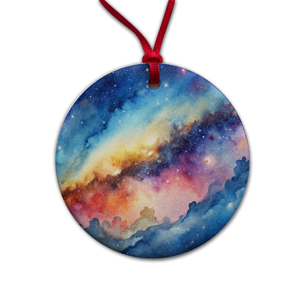 Milky Way Space Watercolor Design Stars Round Ceramic Holiday Christmas Tree Ornament
