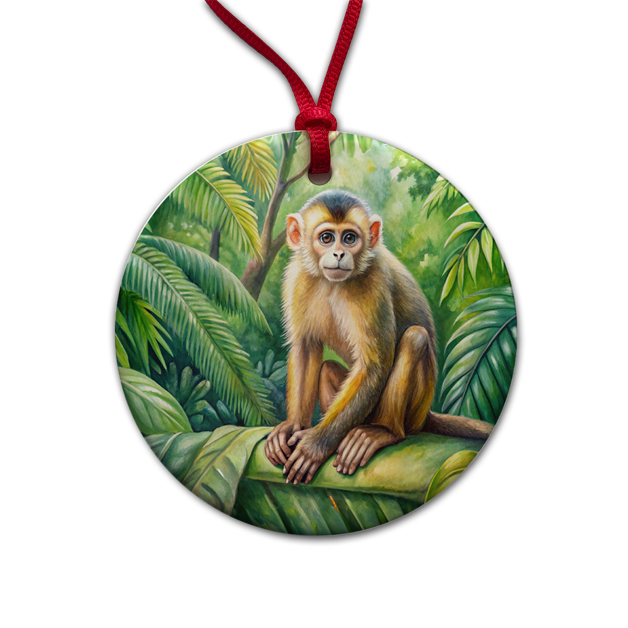 Monkey In Rainforest Watercolor Round Ceramic Holiday Christmas Tree Ornament