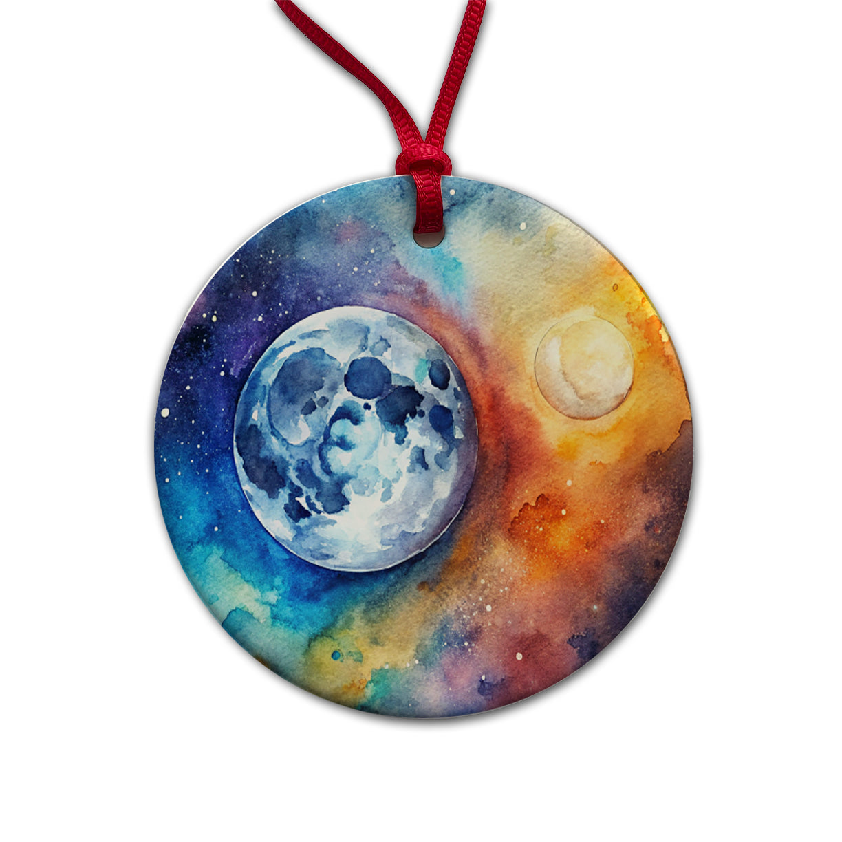 Moon Space Watercolor Design Astronomy Round Ceramic Holiday Christmas Tree Ornament
