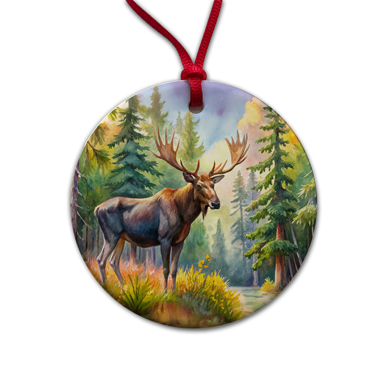 Moose In Forest Watercolor Round Ceramic Holiday Christmas Tree Ornament