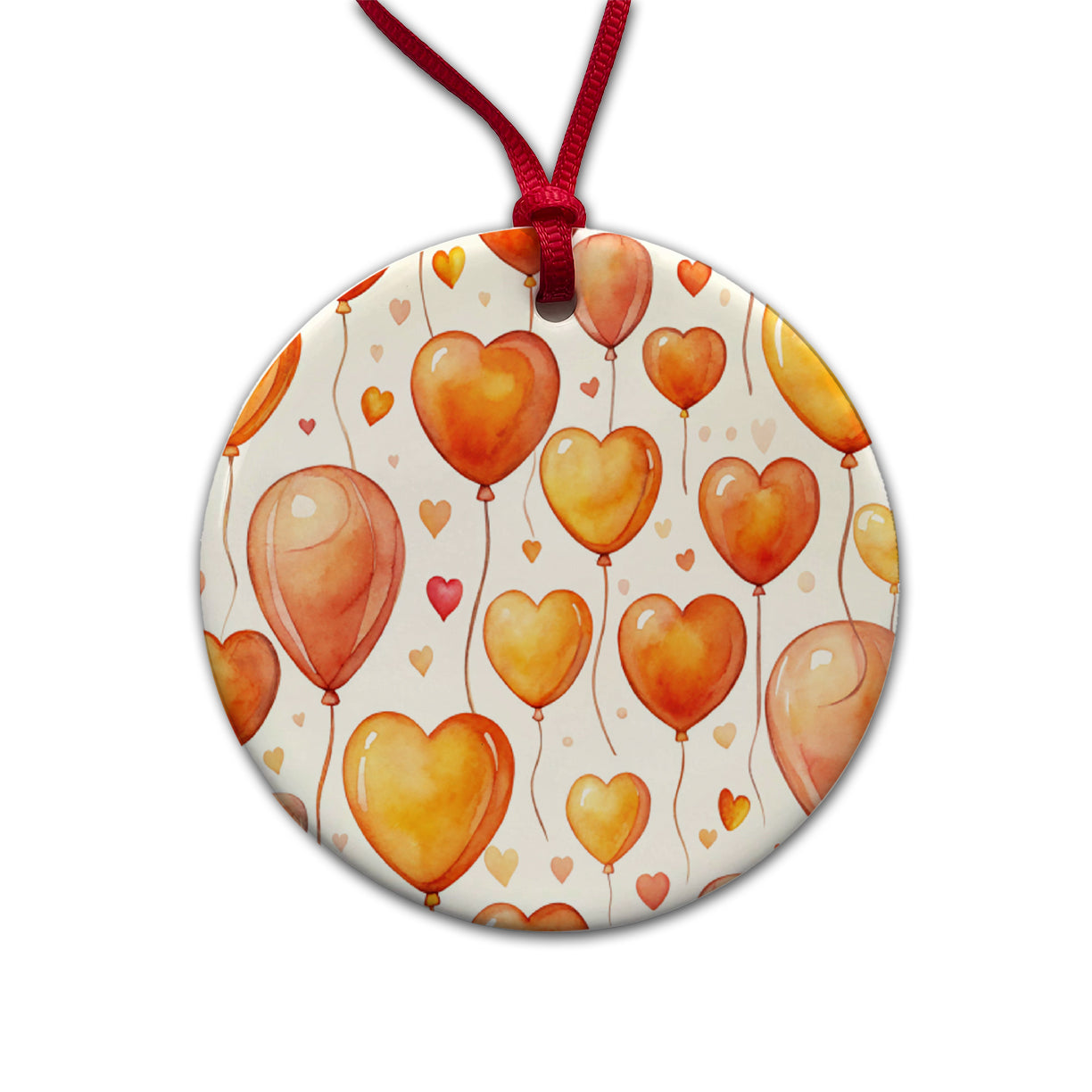 Orange Balloons Hearts Watercolor Birthday Round Ceramic Holiday Christmas Tree Ornament