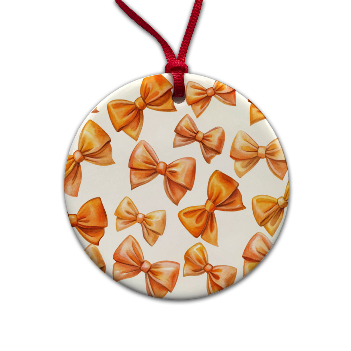 Orange Scattered Coquette Bows Watercolor Round Ceramic Holiday Christmas Tree Ornament