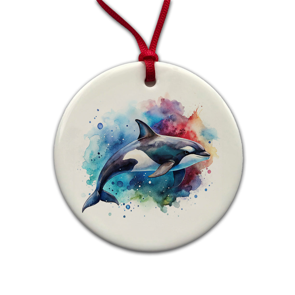 Orca Whale Colorful Watercolor Design Round Ceramic Holiday Christmas Tree Ornament