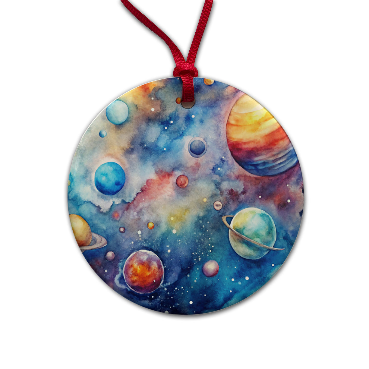 Outer Space Watercolor Astronomy Round Ceramic Holiday Christmas Tree Ornament