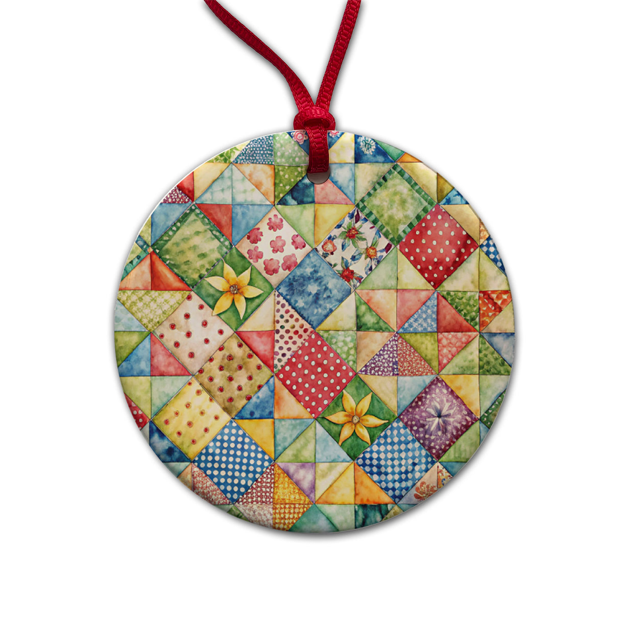 Patchwork Quilt Country Sewing Quilter Round Ceramic Holiday Christmas Tree Ornament