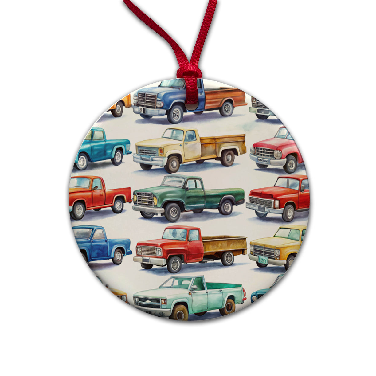 Pickup Trucks Watercolor Round Ceramic Holiday Christmas Tree Ornament
