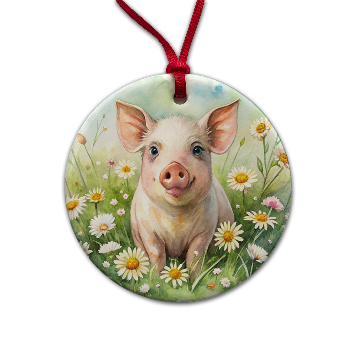 Pig In Daisies Watercolor Design Round Ceramic Holiday Christmas Tree Ornament
