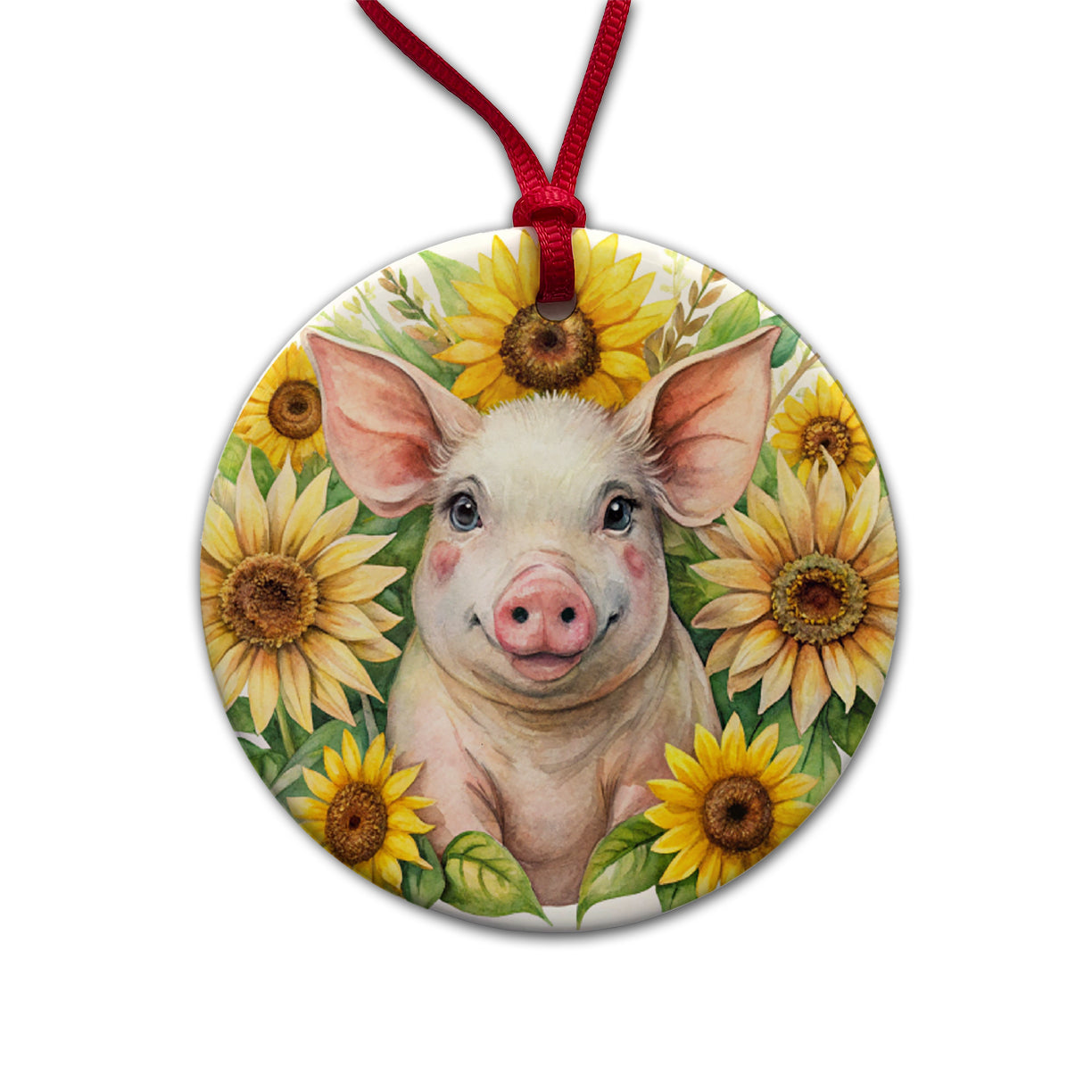 Pig In Sunflowers Watercolor Design Round Ceramic Holiday Christmas Tree Ornament
