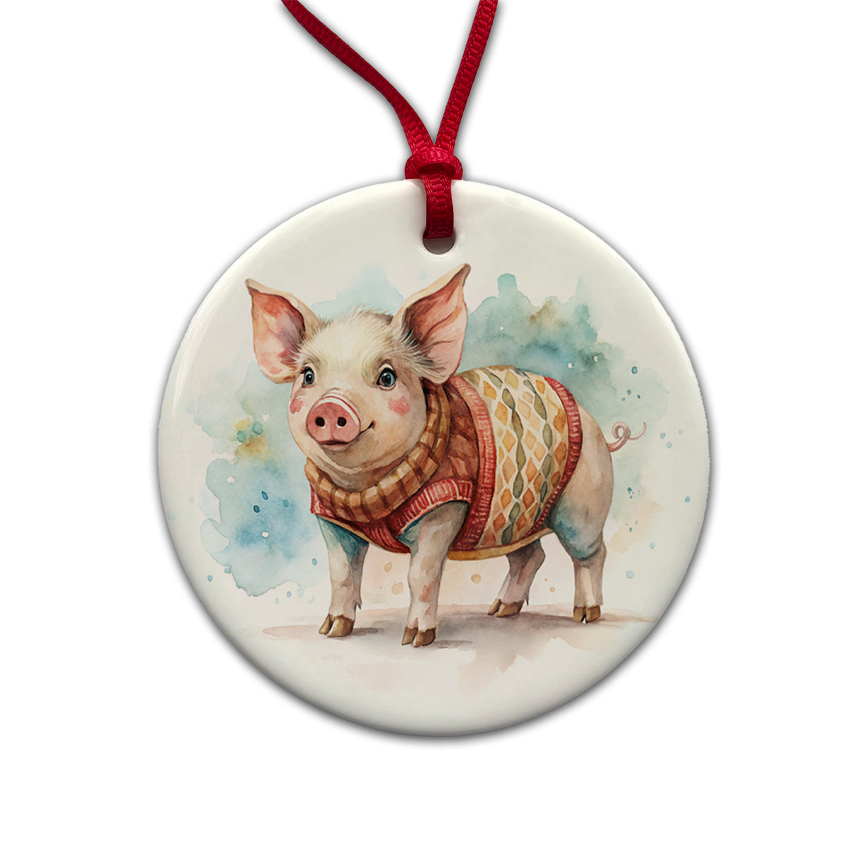 Pig Wearing A Sweater Watercolor Round Ceramic Holiday Christmas Tree Ornament