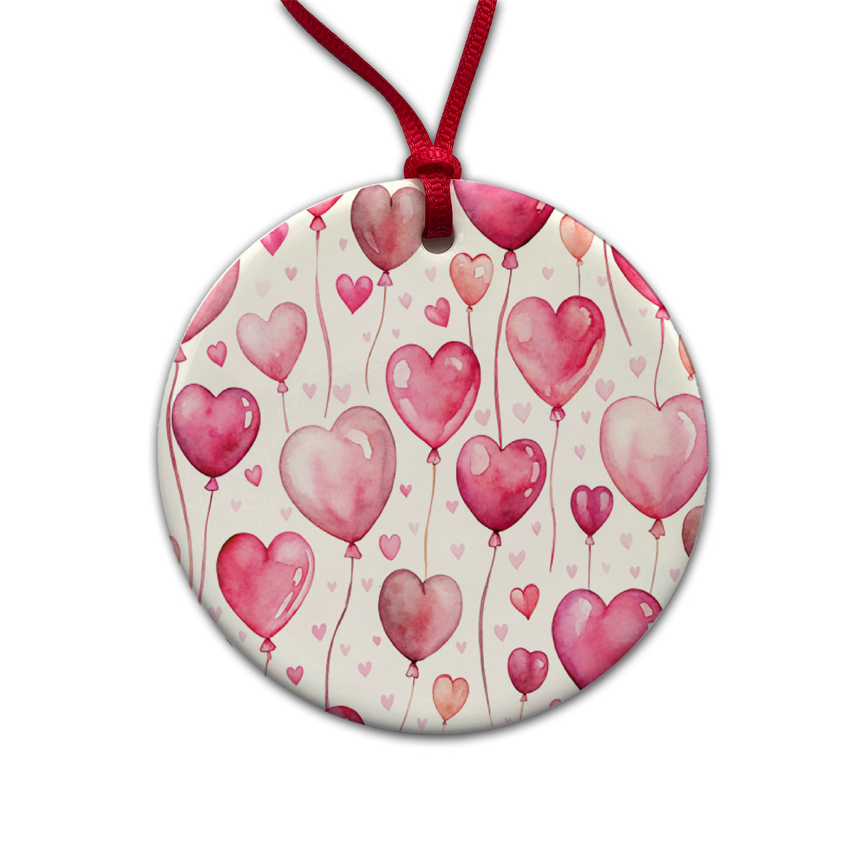 Pink Balloons Hearts Watercolor Birthday Valentine's Love Round Ceramic Holiday Christmas Tree Ornament