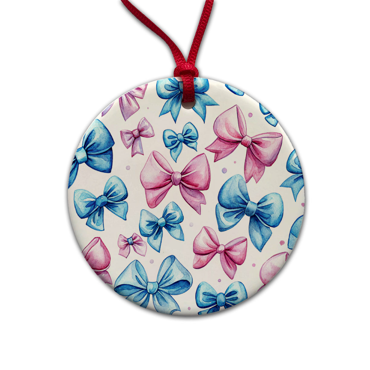 Pink Blue Scattered Coquette Bows Watercolor Round Ceramic Holiday Christmas Tree Ornament