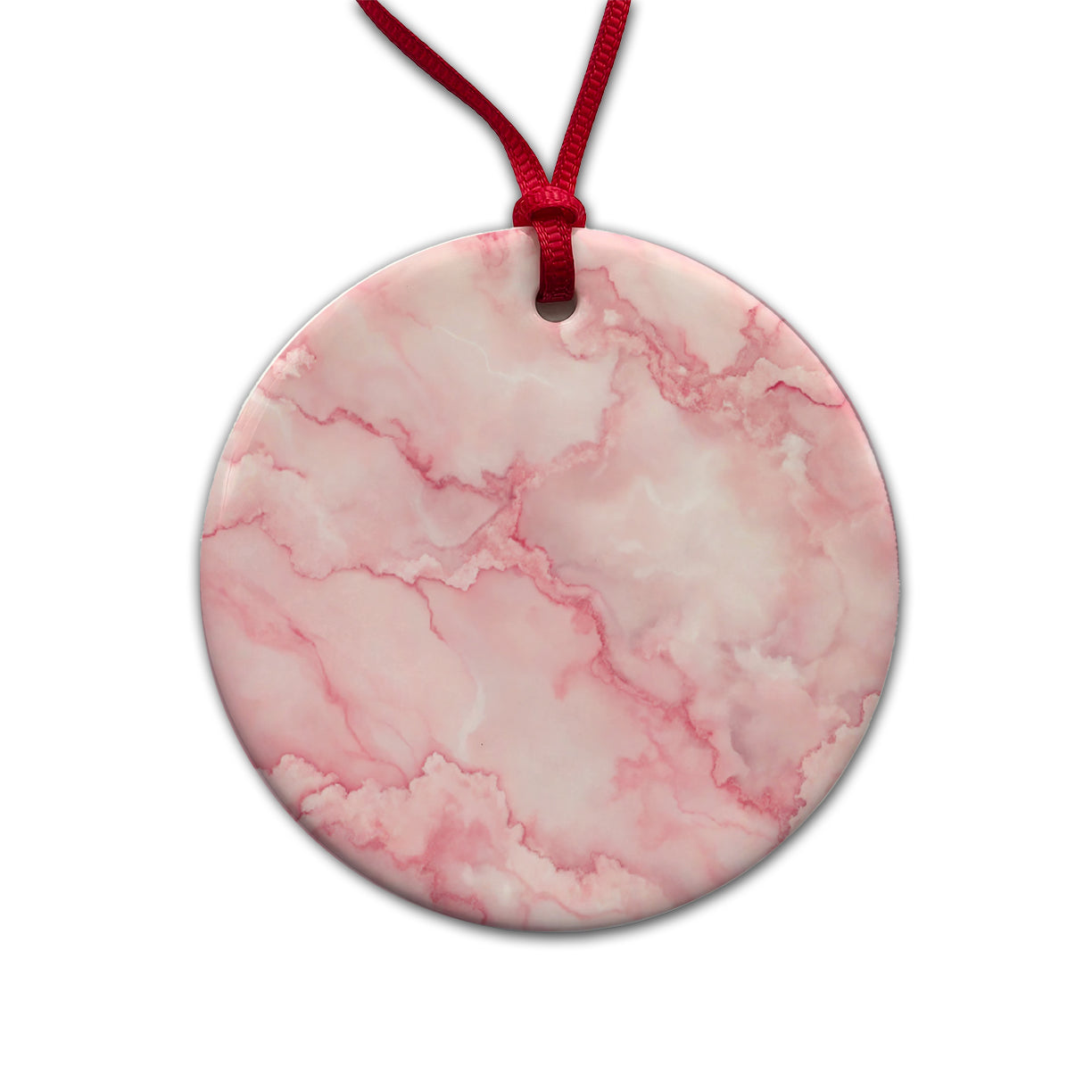 Pink Marble Background Watercolor Round Ceramic Holiday Christmas Tree Ornament