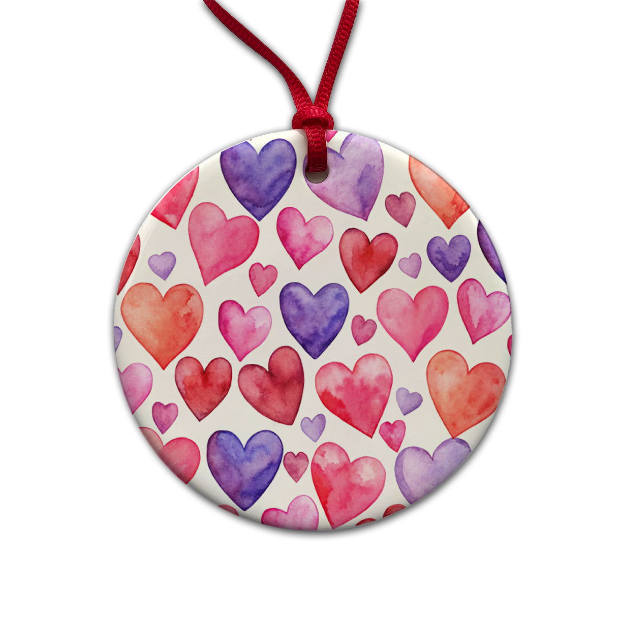 Pink Red Purple Hearts Watercolor Round Ceramic Holiday Christmas Tree Ornament