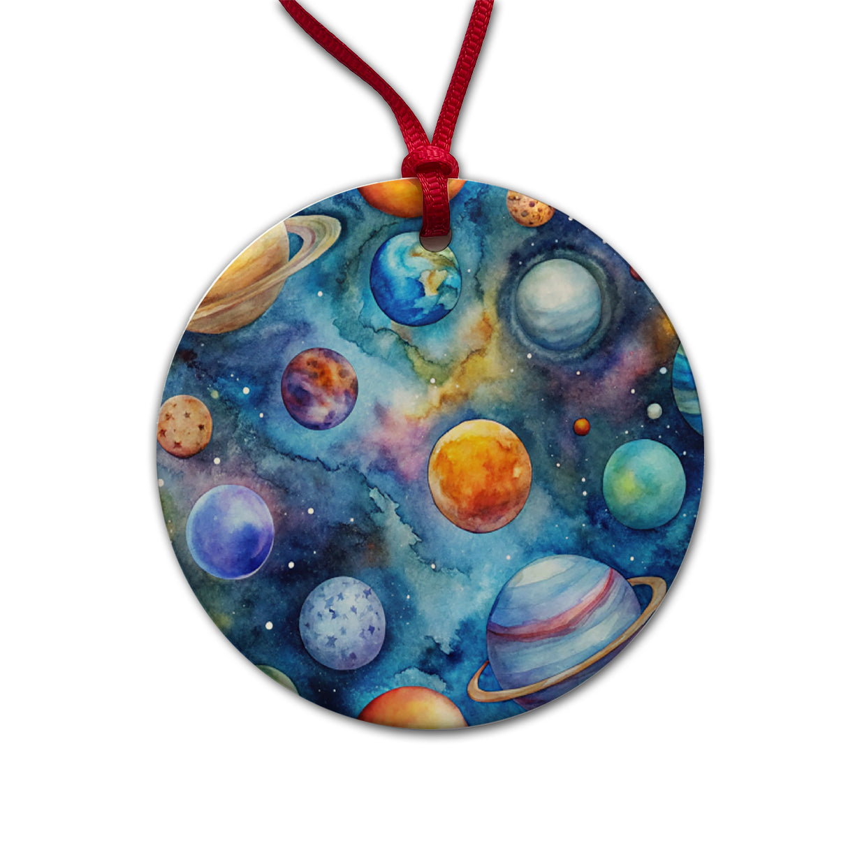 Planets Outer Space Astronomy Watercolor Round Ceramic Holiday Christmas Tree Ornament