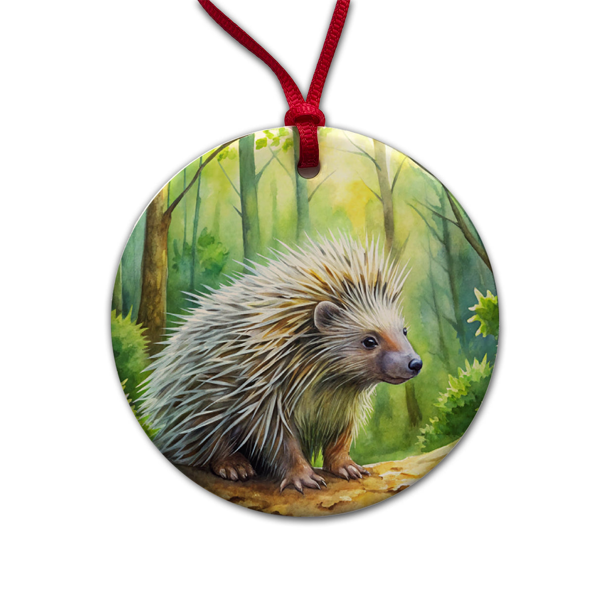 Porcupine In Forest Watercolor Round Ceramic Holiday Christmas Tree Ornament