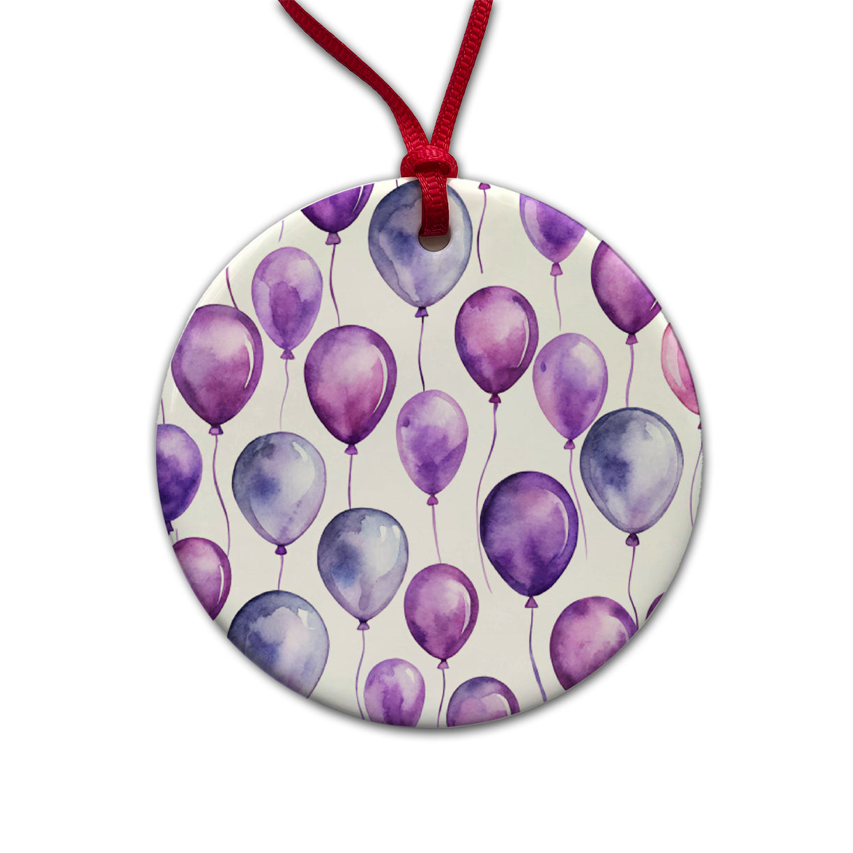 Purple Balloons Watercolor Birthday Round Ceramic Holiday Christmas Tree Ornament