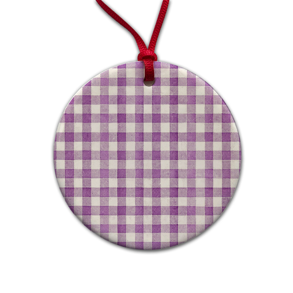 Purple White Gingham Watercolor Round Ceramic Holiday Christmas Tree Ornament