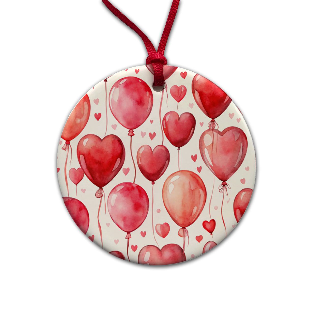 Red Balloons Hearts Watercolor Love Anniversary Round Ceramic Holiday Christmas Tree Ornament