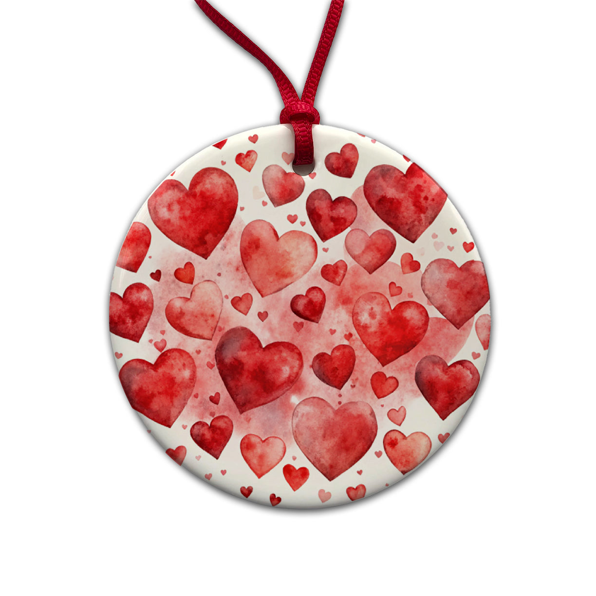 Red Scattered Hearts Love Anniversary Watercolor Round Ceramic Holiday Christmas Tree Ornament