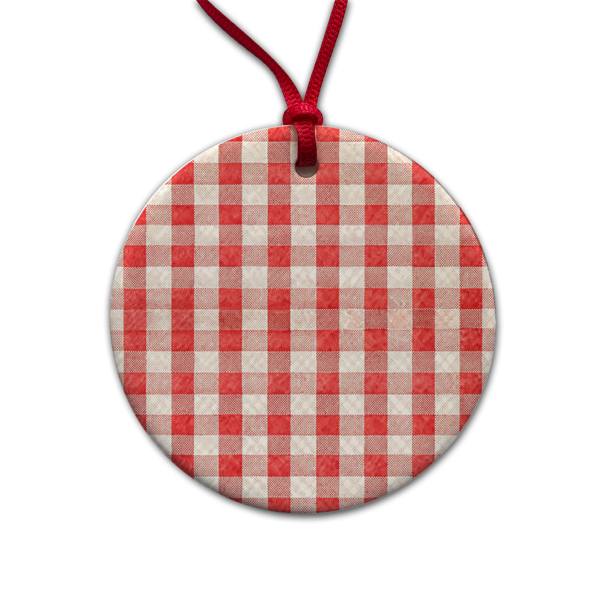 Red White Gingham Watercolor Round Ceramic Holiday Christmas Tree Ornament