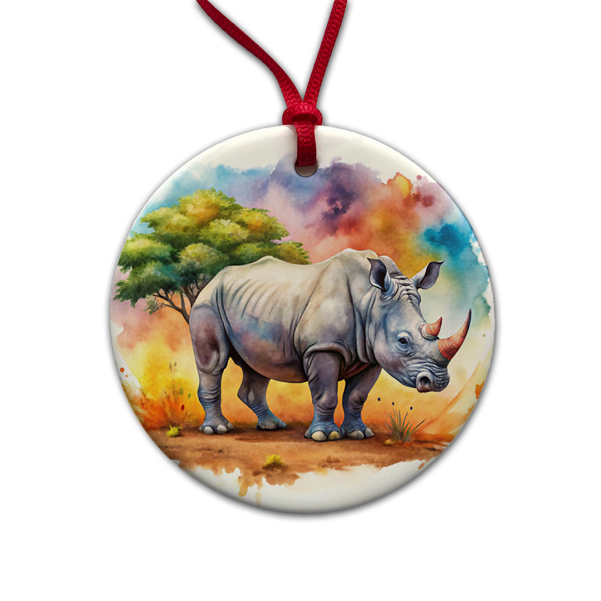 Rhinoceros African Plain Watercolor Design Round Ceramic Holiday Christmas Tree Ornament