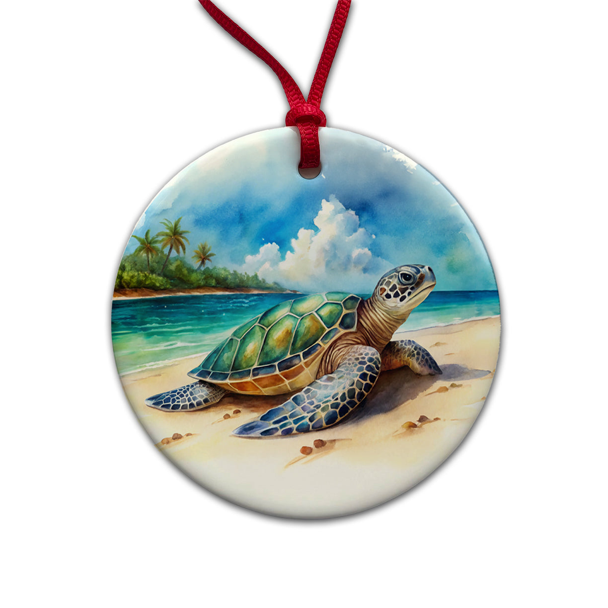 Sea Turtle Beach Watercolor Design Round Ceramic Holiday Christmas Tree Ornament